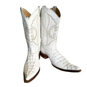 Arango White Leather Cowboy Boots Faux Crocodile Western Boots Unisex